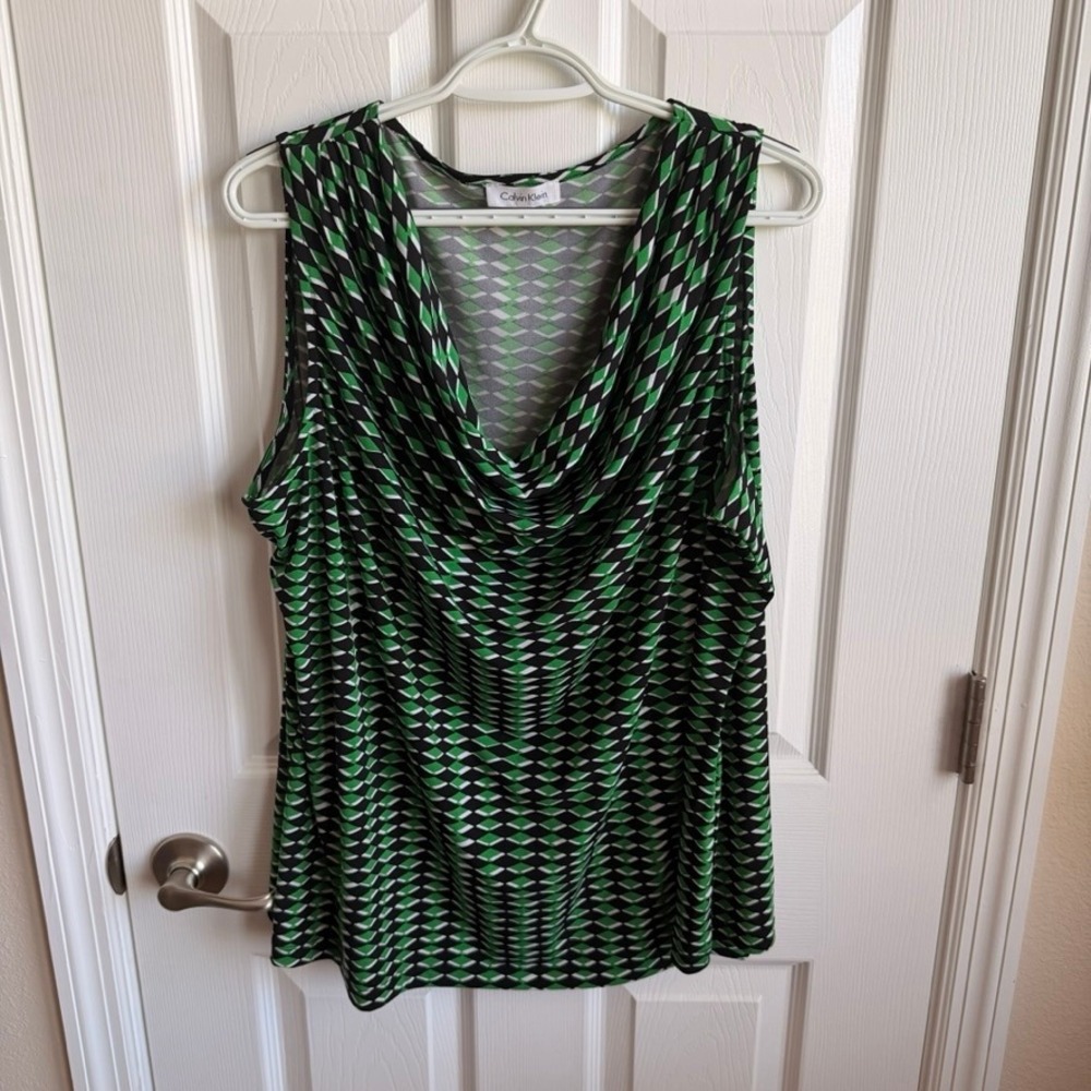 Calvin Klein Womens Green Geometric Diamond‎ Print Sleeveless Cowl Neck Top XL